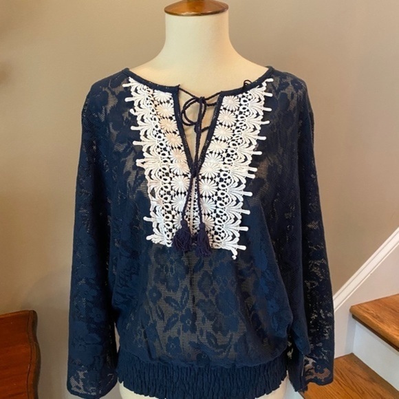 Love Riche Navy Lace Embroidered BOHO Top L - Picture 6 of 12